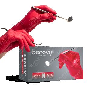 Перчатки BENOVY Dentаl Formula Nitrile MultiColor; нитриловые; текстурированные на пальцах, Красные